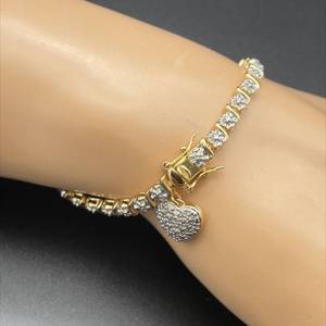 Diamond Illusion S-Bar Link Tennis Bracelet Dangling Heart Charm