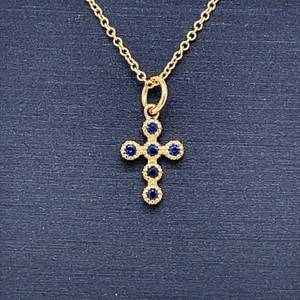 Blue Natural Sapphire Vintage Style Milgrain Cross Pendant Necklace in 14k Yellow Gold $1599 Retail VIDEO