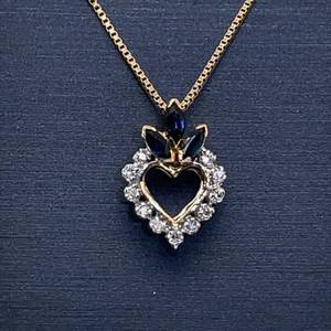 Marquise Blue Sapphire & Diamond Open Heart Halo Cluster Pendant Necklace in Yellow Gold