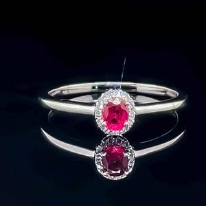New Oval Natural Ruby & Diamond Petite Halo Cluster Slim Stacking Ring in 14k White Gold $1750 Retail VIDEO