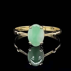 Oval Natural Jade Solitaire Slim Bamboo-Inspired Design Ring in 14k Yellow Gold $900 Retail