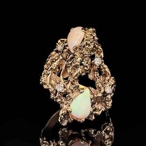 Large Brutalist MCM Diamond & White Opal 2-Stone Highly Textured Estate Ring in Yellow Gold $2200 Retail