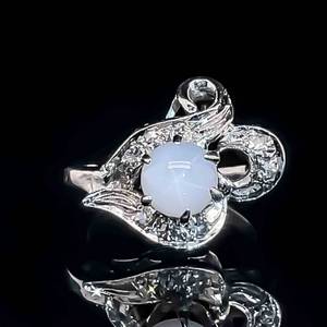 Antique Old European Cut Diamond & Natural Star White Sapphire Floral Swirl Ribbon Ring in 14k White Gold Estate $2100 Retail
