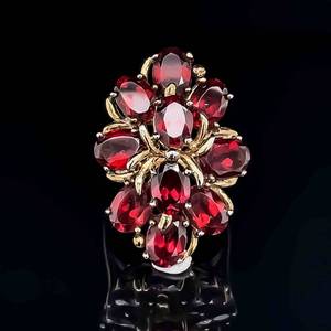 Large &amp Lavish Oval Red Garnet Cluster Floral Bouquet Cocktail Split Top Ring