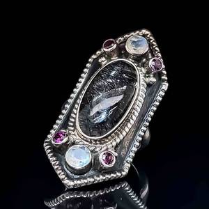 Rutilated Quartz, Moonstone & Raspberry Garnet Ornate Black & Shine Milgrain Ring VIDEO