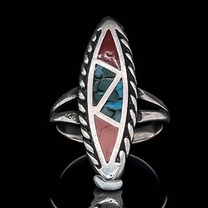 Turquoise &amp Coral Elongated Marquise Southwestern Twisted Rope Split Top Ring