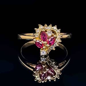 3-Stone Marquise Natural Ruby & Diamond Heart Cluster Promise Ring in 14k Yellow Gold $1350 Retail