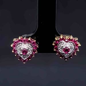 Natural Ruby & Diamond Heart Halo Cluster Stud Earrings in 14k Two-Tone Gold $1250 Retail