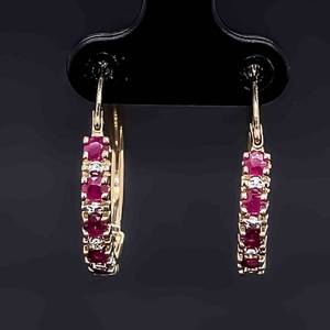 Round Ruby & Diamond Hoop Earrings in Yellow Gold Click-Top Posts
