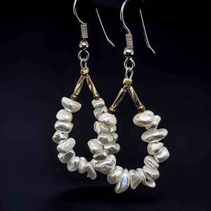 Artisan White Nugget Freshwater Pearl Drop Halo Dangle Earrings w Shepherds Hooks
