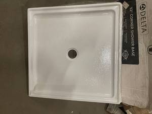 Delta Foundations 32 in. L  32 in. W Corner Shower Pan Base with Center Drain in White See pictures open box