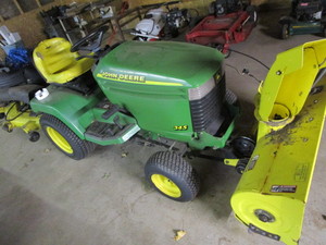 lot 1 image: John Deere 345 Garden Tractor, Snowblower, Deck