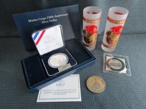 Marine Corps Coin, Shot Glasses, FBI Token