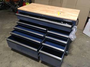 Husky 52 in. W x 25 in. D Standard Duty 9-Drawer Mobile Workbench Tool Chest with Solid Wood Top in Gloss Blue  damage see pictures