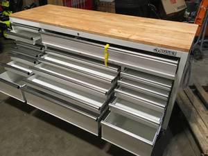 Husky 72 in. W x 24 in. D Standard Duty 18-Drawer Mobile Workbench Tool Chest with Solid Wood Top in Gloss White review pictures