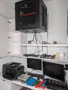 lot 18 image: Assorted Office Supplies and Electronics Currency Sorters, Printer, Computer Monitors, TrippLite Enclosure Cabinet and More
