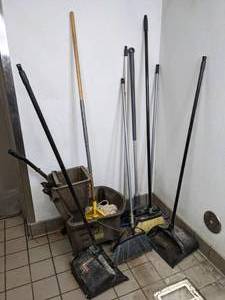 lot 62 image: Assortment of Commercial Cleaning Janitorial Supplies Broom and Dustpan Set, Mop Bucket and More