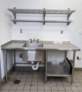 lot 16 image: Commercial Stainless Steel Counter Sink and Wire Wall Shelving Unit