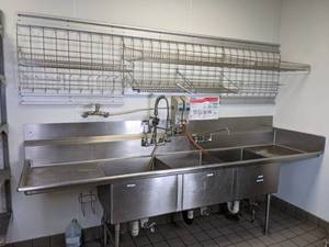 lot 13 image: Commercial Stainless Steel Compartment Sink and Wire Wall Shelving