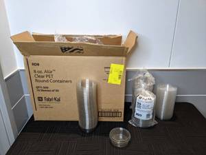 lot 48 image: Large Box of Commercial 8 oz Fabri-kal Alur Clear PET Round Containers with Lids