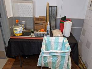 lot 66 image: Assortment of Surface Cleaner, Foldable Basket Stand, Keystone Sysco GreaseLift RTU, Disposable Grill Brick, Buckets and More