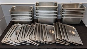 lot 32 image: (19) Commercial Stainless Steel Steam Table Pans with (19) Lids
