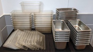 lot 33 image: (26) Commercial Stainless Steel Pans (2 Sizes) and (15) Commercial Plastic Pans with (14) Plastic Lids
