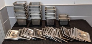 lot 34 image: (30) Commercial Stainless Steel Steam Table Pans with (22) Lids
