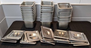 lot 35 image: (30) Commercial Stainless Steel Steam Table Pans with (23) Lids
