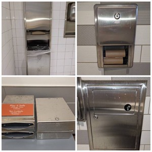 lot 75 image: (2) Commercial Stainless Steel Paper TowelGarbage Holders, (4) Commercial Paper Towel Holders, (2) Commercial Toilet Paper Holders & (1) small in wall Receptacle