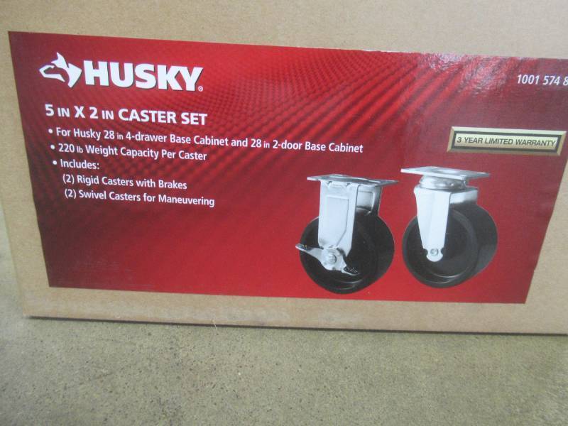 lot 182 image: HUSKY 5 x 2 Caster Set - 2 Swivel and 2 Rigid Casters, 220lbCaster - For 28 4-drawer and 28 2-door Base Cabinets. - NEW
