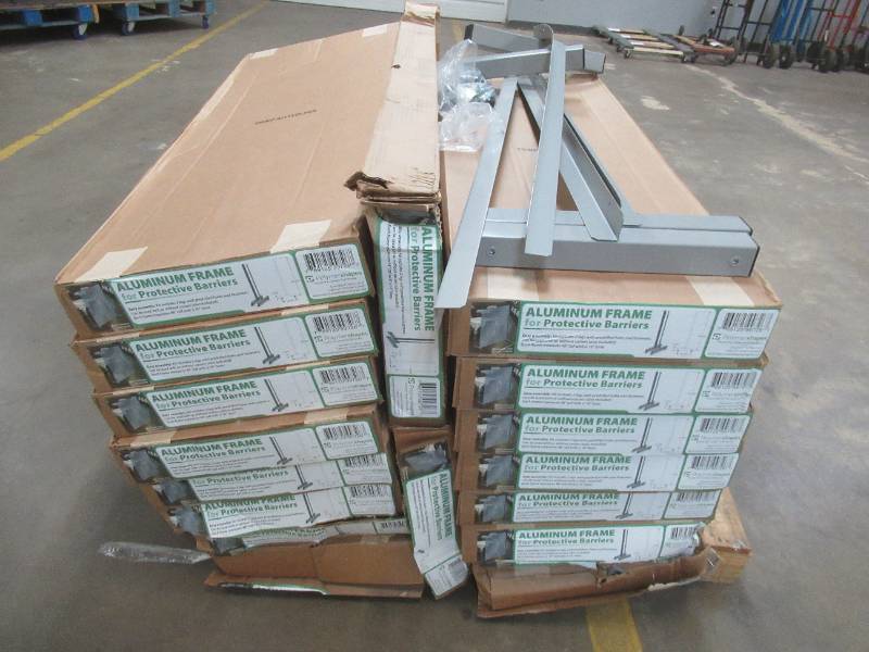 lot 209 image: Polymershapes 16 in. x 48 in. x 2 in. Aluminum Protection Barrier Frame Set with Casters - Approximately 20 (Some pieces may be DentedBent) Plexiglass not included - SOLD AS IS