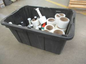 lot 235 image: Large Bin of Miscellaneous Handheld Clear Plastic Wrap and Dispensers, Used in Warehouse - SOLD AS IS