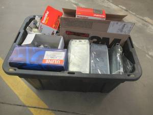 lot 236 image: Large Bin of Retail Clothing Tags, Guns, Protective Cases for Retail Signage and More - Used in retail store. - SOLD AS IS