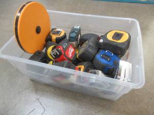 lot 241 image: Large Bin of Miscellaneous Tape Measurers - Used in Warehouse. - SOLD AS IS