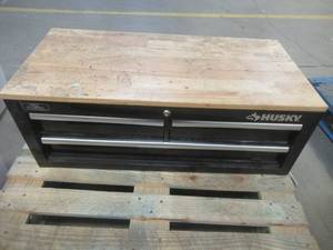 lot 244 image: Husky 36 in. W x 17 in. D Standard Duty 3-Drawer Tool Box with Hardwood Top in Gloss Black, Used in Warehouse - SOLD AS IS