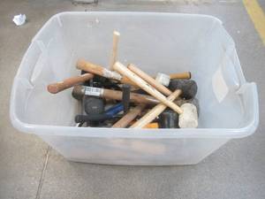lot 253 image: Large Bin of Miscellaneous Mallets and Hammers, Used in Warehouse - SOLD AS IS