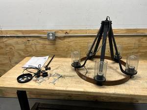 lot 51 image: Kichler  Barrington 5-Light Distressed Black and Wood Tone Rustic Chandelier