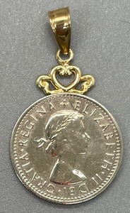 lot 39 image: 14K Gold Pennant with Sixpence Coin Pendant