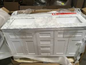Home Decorators Santa Monica 60 in. W x 21 in. D Vanity in White with Marble Vanity Top in White with White Basins- Top DamagedBroken review pictures