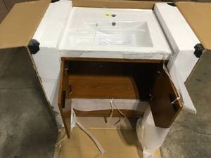 Timeless Home 30 in. W Single Bath Vanity in Teak with Resin Vanity Top in White with White Basin open box review pictures