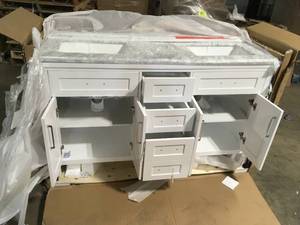 Home Decorators Collection Santa Monica 60 in. W x 21 in. D Vanity in White with Marble Vanity Top in White with White Basins, Review all pictures, Customer return