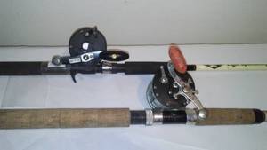 lot 18 image: (2) Rod And Reel Set-Ups 6.5 and 7.5 Poles, Penn 65 Plus Shakespeare Tiger SC66 Combo