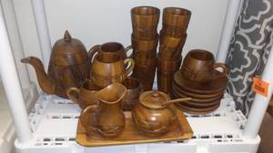 lot 135 image: Vintage Monkey Pod Cups, Mugs, Tea Coffee Server Set And More.