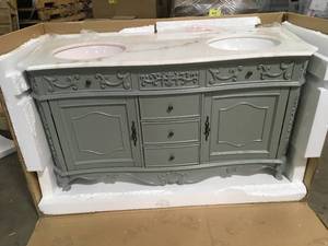 lot 2 image: Winslow 60 in. W x 22 in. D Bath Vanity in Antique Gray with Vanity Top in White Marble with White Basins review pictures