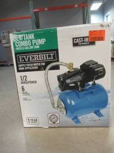 lot 349 image: Everbilt 12 HP Shallow Well Jet Pump with 6 Gallon Tank (OPEN BOX, VERY USED, MOTOR RUNS)