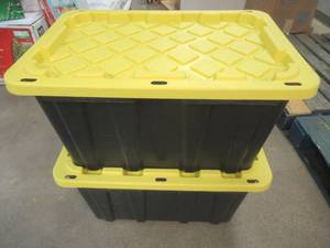 lot 395 image: LOT OF 2 - HDX 27 Gal. Tough Storage Tote in Black with Yellow Lid