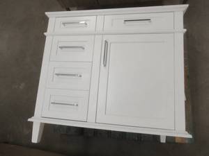 lot 430 image: Sonoma 36 in. W x 22 in. D x 34 in. H Bath Vanity in White (CABINET ONLY & 2 LEGS ARE BROKEN OFF)