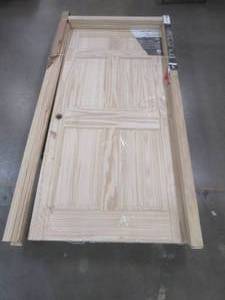 lot 432 image: 36 in. x 80 in. 6 Panel Pine Unfinished Right-Hand Solid Wood Single Prehung Interior Door (JAMB IS BROKEN, SEE PHOTOS)