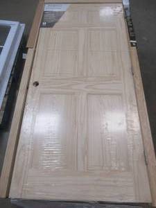 lot 433 image: 36 in. x 80 in. 6 Panel Pine Unfinished Left-Hand Solid Wood Single Prehung Interior Door (JAMB IS BROKEN, SEE PHOTOS)
